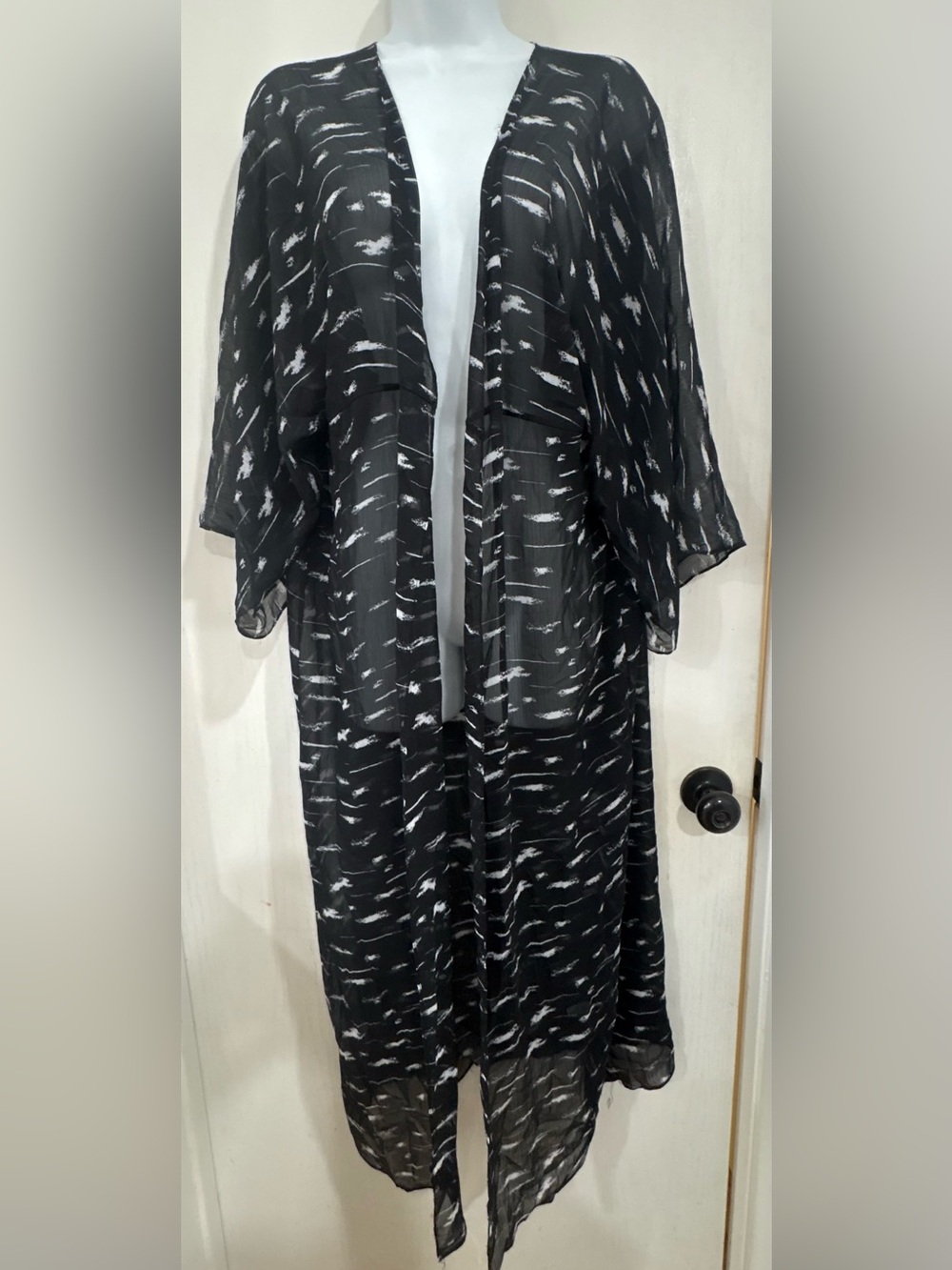 Contemporary sheer Black & White Sheer Duster Kimono Jacket beach cover up